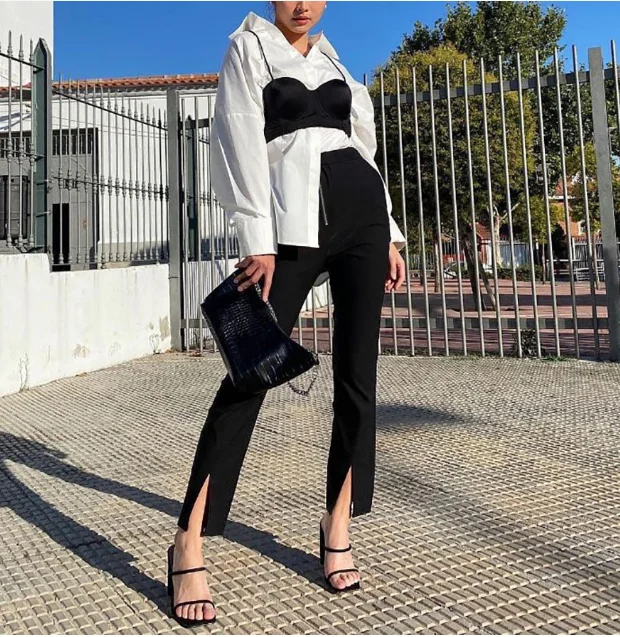 2022 Elegant Women Sexy Pants High Waist Black Split Slim Autumn Office Ladies Casual Trouser Fashion Flare Slit Pant Black