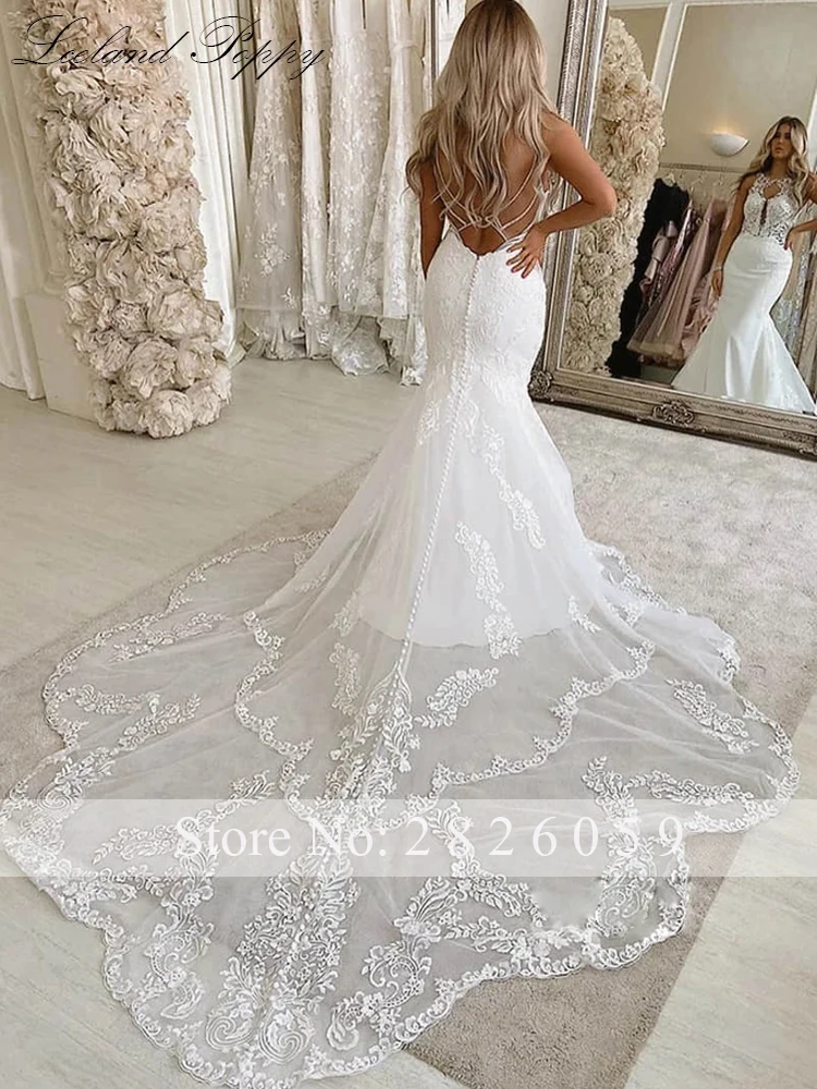 Lceland Poppy Customized Sexy Backless Mermaid Wedding Dresses Floor Length Illusion Lace Appliques Sleeveless Bridal Gowns