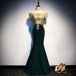 Evening Dresses New Off the Shoulder Dark Green Golden Lace Cystal Trumpet Floor-length Plus size Customized Formal Dress R1359