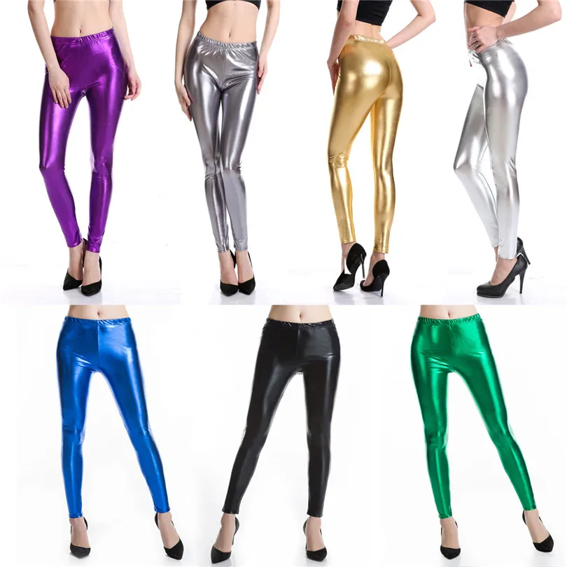 VISNXGI Women Glitter Skinny Faux Patent Leather Leggings Pencil High Waist Shiny Gold Push Up Punk Gym Pants Running Jegging