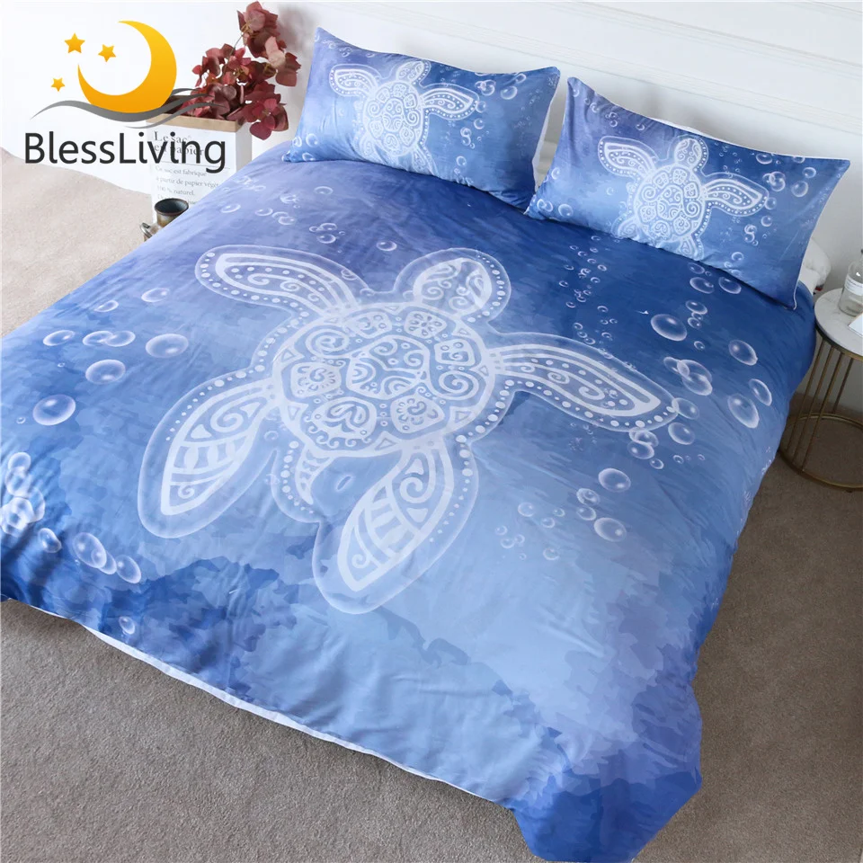 

BlessLiving Sea Turtle Bedding Set Tortoise Duvet Cover Watercolor Bedspread Bubbles Marine Style Blue Home Textiles 3pcs Queen