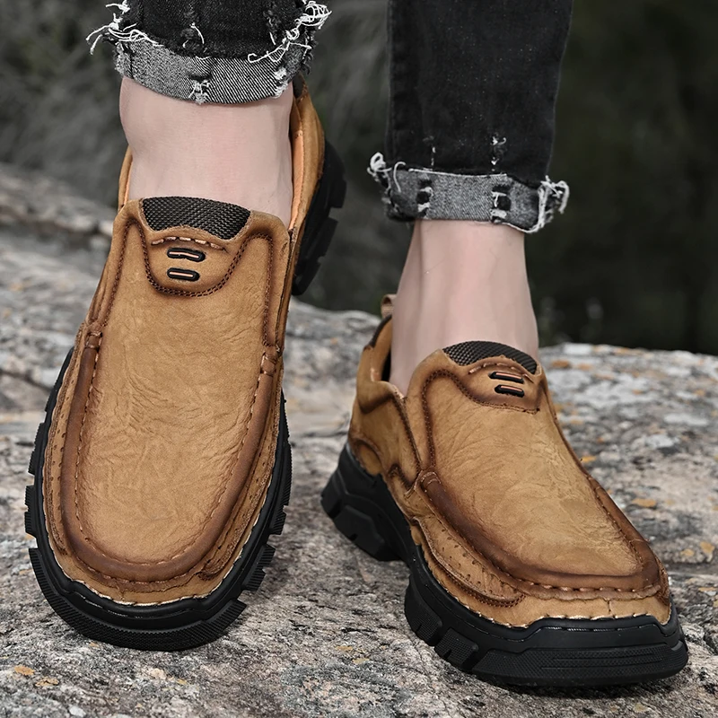 Mocassins cousus à la main en cuir de vachette véritable pour hommes, chaussures à plateforme respirante, deuxième mode masculine, chaussure à