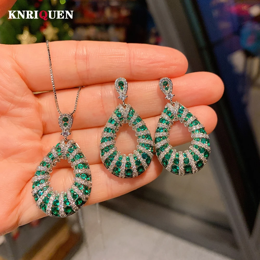 Vintage Emerald Gemstone High Carbon Diamond Pendant Necklace Drop Earrings Wedding Party Fine Jewelry Set Charms Gift for Women