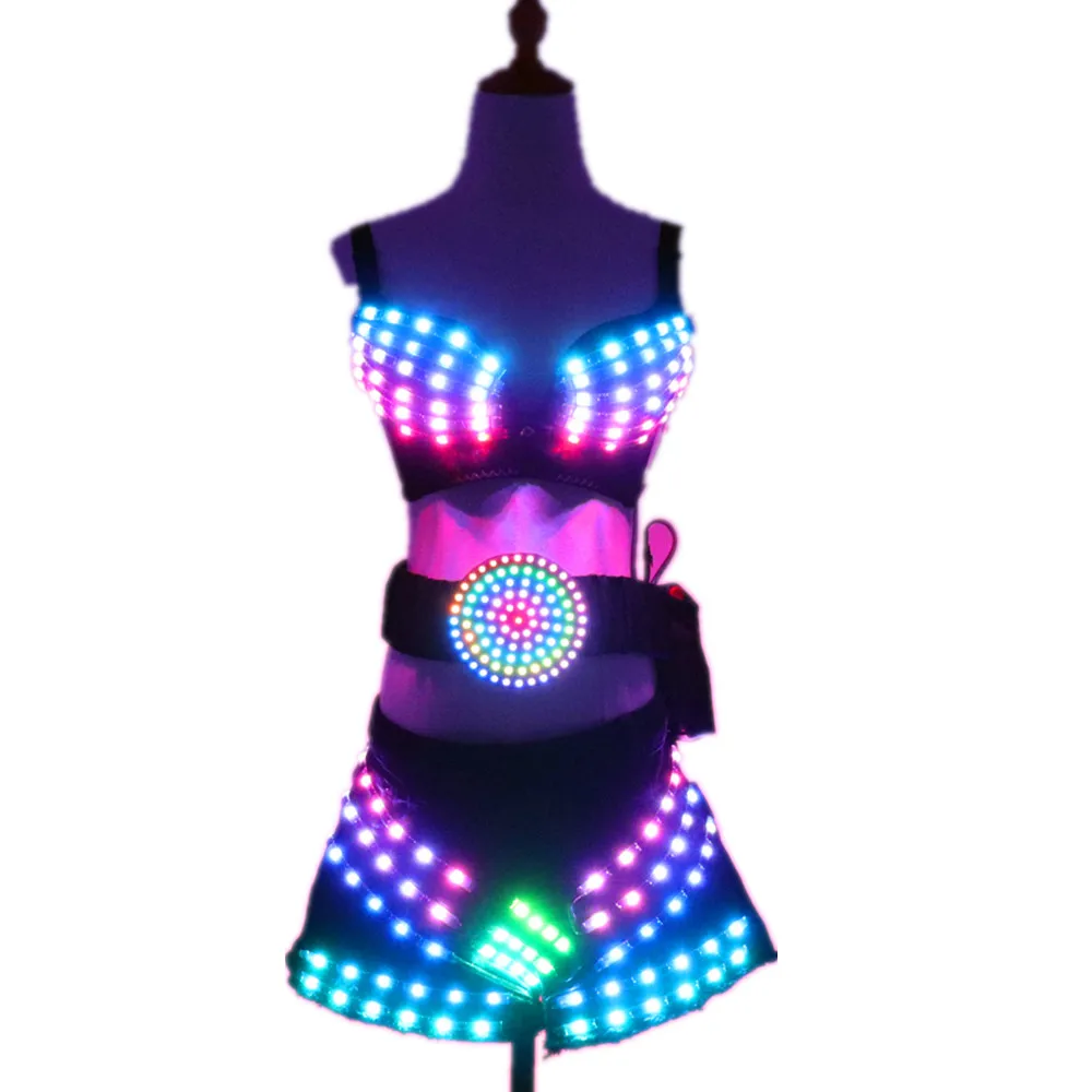 Full Color Led Luminous Light Party Skirt Sexy Girl Led Light Up Costumes With Led Belt Ballroom Dance Outfit DJ DS Bra Suit