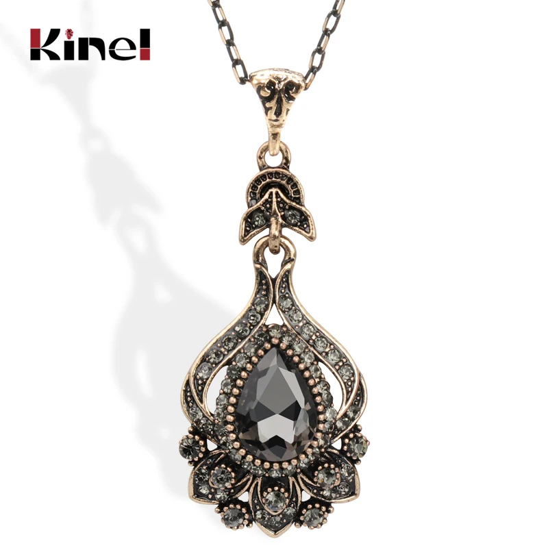 Kinel Luxury Gray Crystal Bridal Necklace For Women Antique Gold Color Beach Party Pendant Necklace Vintage Jewelry 2021