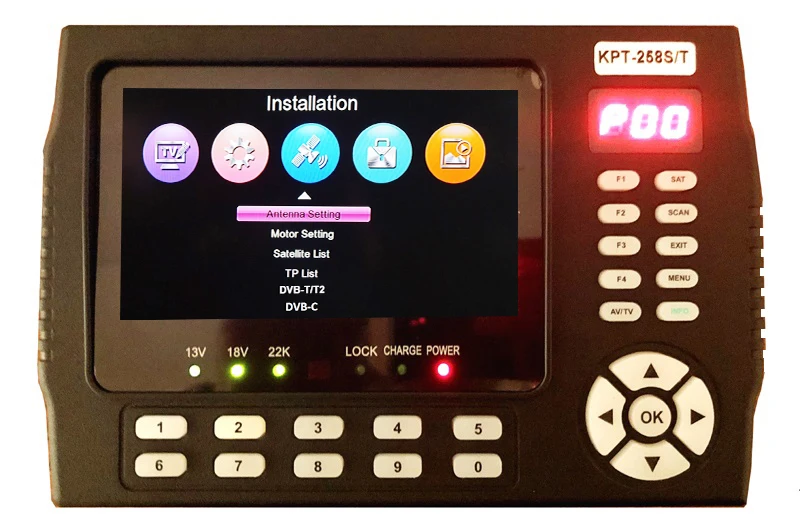 KPT-258ST ตัวค้นหามิเตอร์ดาวเทียมดิจิตอลแบบคอมโบ DVB-C T2 DVB-S2ตัวค้นหาสัญญาณ H.265ตัวค้นหาสัญญาณที่เครื่องระบุตำแหน่งดาวเทียมกล่องรับสัญญาณ