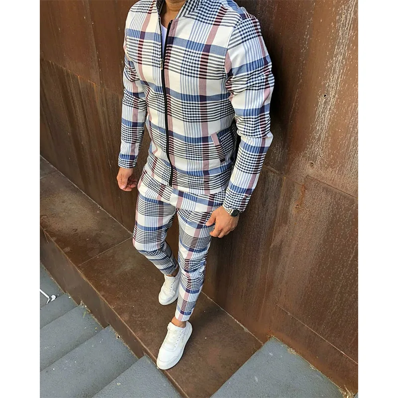 

Mens Sets 3D Lattice Colorful Plaid Men Sport Zipper Suit Autumn Male Sweatshirt Running Jackets Men Tracksuit Sets Gym Mens Set