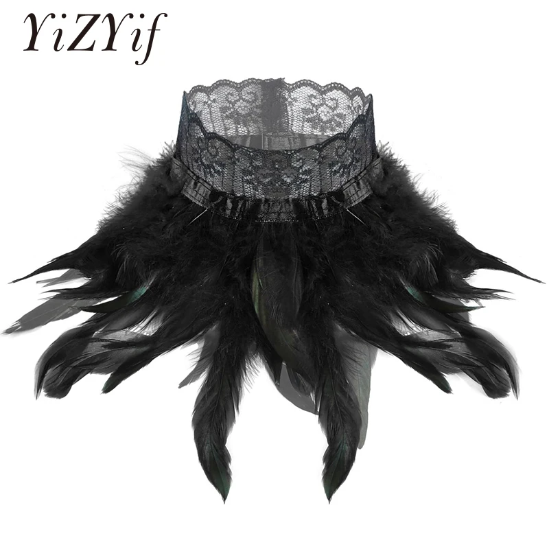 Women Gothic Victorian Natural Feather Lace Choker Neck Wrap Collar Stage Performance Cosplay Costume Accessories Feather Choker