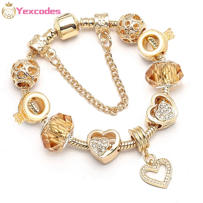 Yexcodes Dropshipping Gold Color Heart Pendant Charm Bracelet Hollow Love Beads Brand Bracelet & Bangle For Women Jewelry