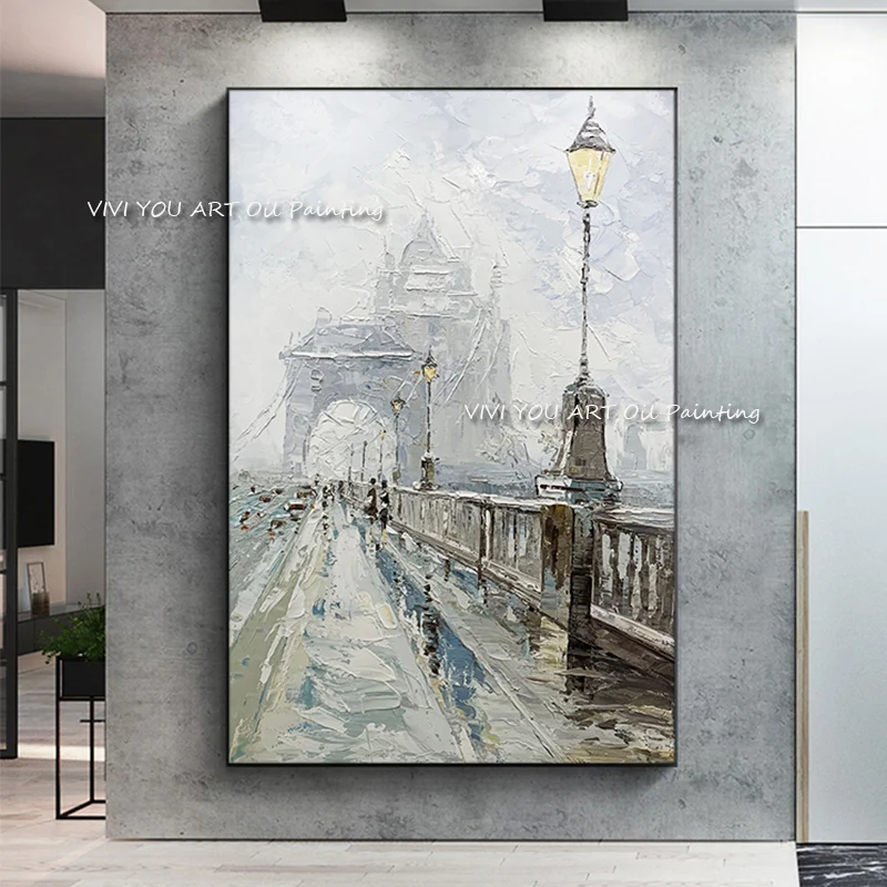 The Best Taupe Bridge Abstract Modern Handpainted Gray Oil Painting Textured Brush Large Wall Art Tall Large Silver City View