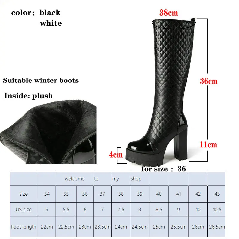 Black White Women Knee High Boots Platform Square High Heel Ladies Winter Boots Side Zipper Female Shoes Big Size 34-43