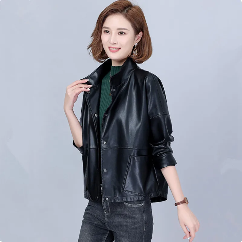 UHYTGF Women's Spring Autumn Sheepskin Coat Single-Breasted Casual Short Leather Jacket Female Korean Loose Size Outerwear 2338