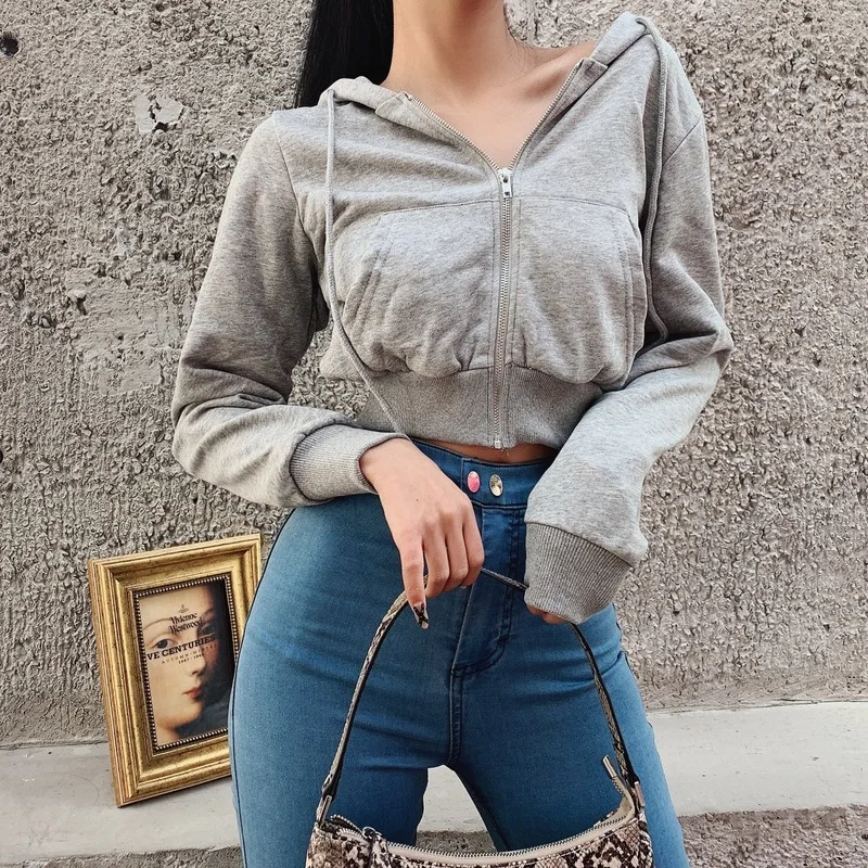 Front Pockets Zip Up Hoodies Women Spring Fall Solid Color Crop Top Casual Sweatshirt Ladies White Black Cropped Hooded