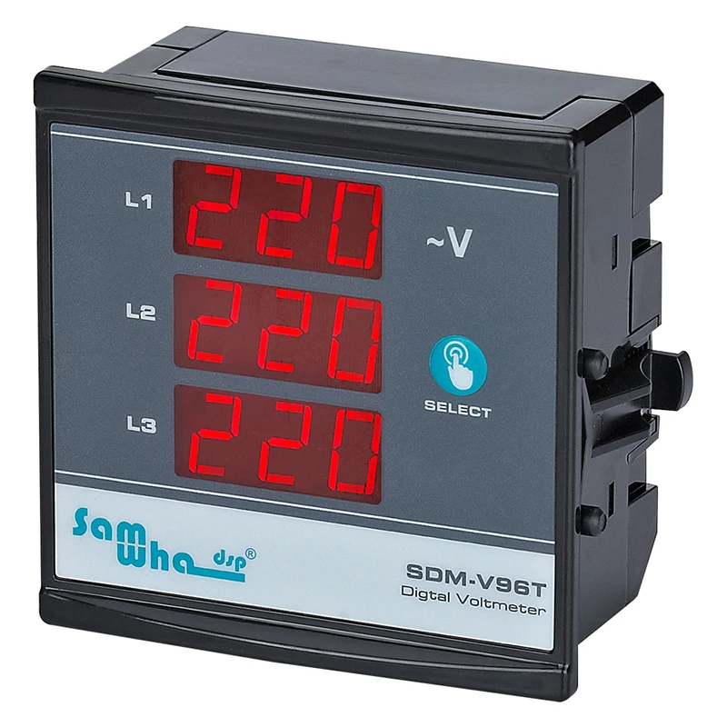 Samwha-Dsp SDM-V96T, V72T 3*380V+Neutralny Cyfrowy Trójfazowy Woltomierz, Wyświetla Porządek Faz, Smukły Kompaktowy, Miernik Panelowy LED