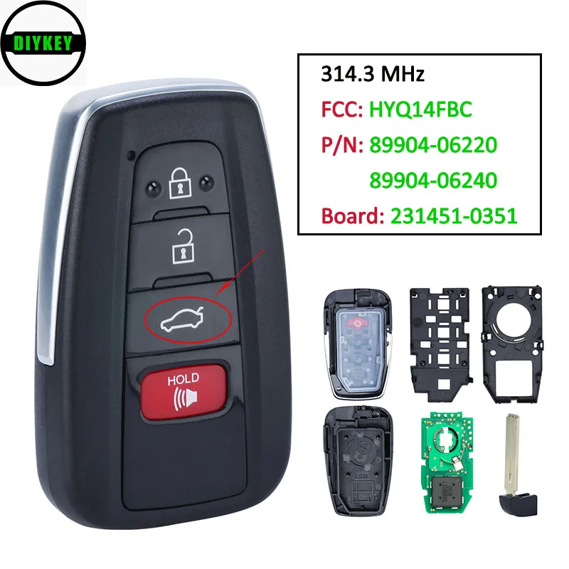 DIYKEY 231451-0351 Board ASK 314.3MHz smart remote key fob 8A chip for Toyota Camry 2018 - 2021 89904-06220 / 240 FCC: HYQ14FBC