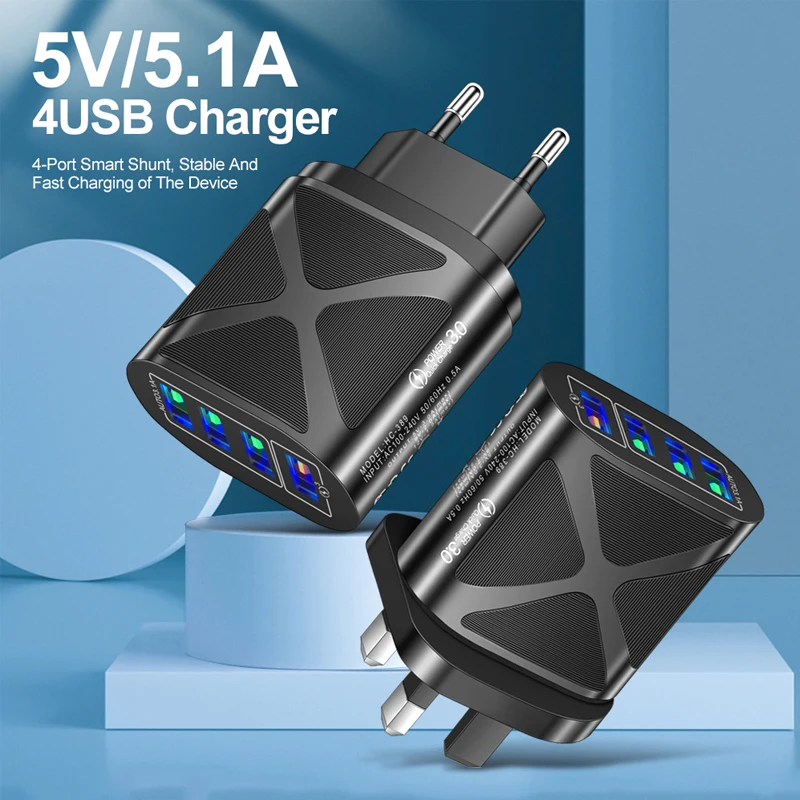 

45W Quick Charge 3.0 Fast Mobile Phone Charger Cell Phone 4 USB Wall Power Adapter For Iphone XS XR Pro 11 7 8 Xiaomi 6S Samsung