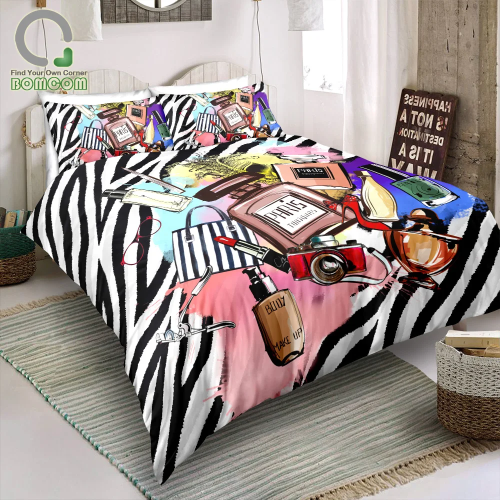 BOMCOM 3D Digital Printing Duvet Cover Set Cosmetic Collections Zebra Stripes Makeup Modern Lady Fashion Girl Bedding Set 100% M