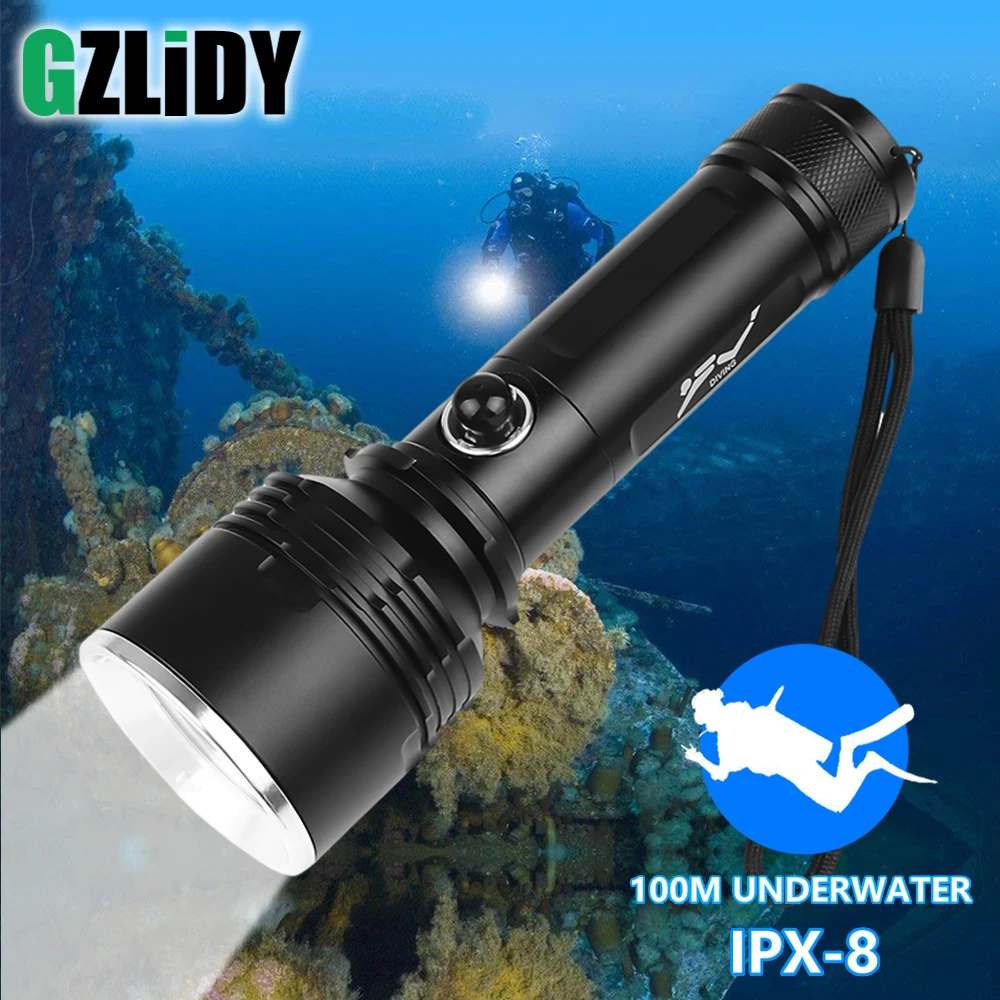 

Professional Diving Flashlight IPX-8 Powerful XHP70.2 LED Torch Waterproof 100M Underwater Lights 18650/26650 Scuba Dive Lantern