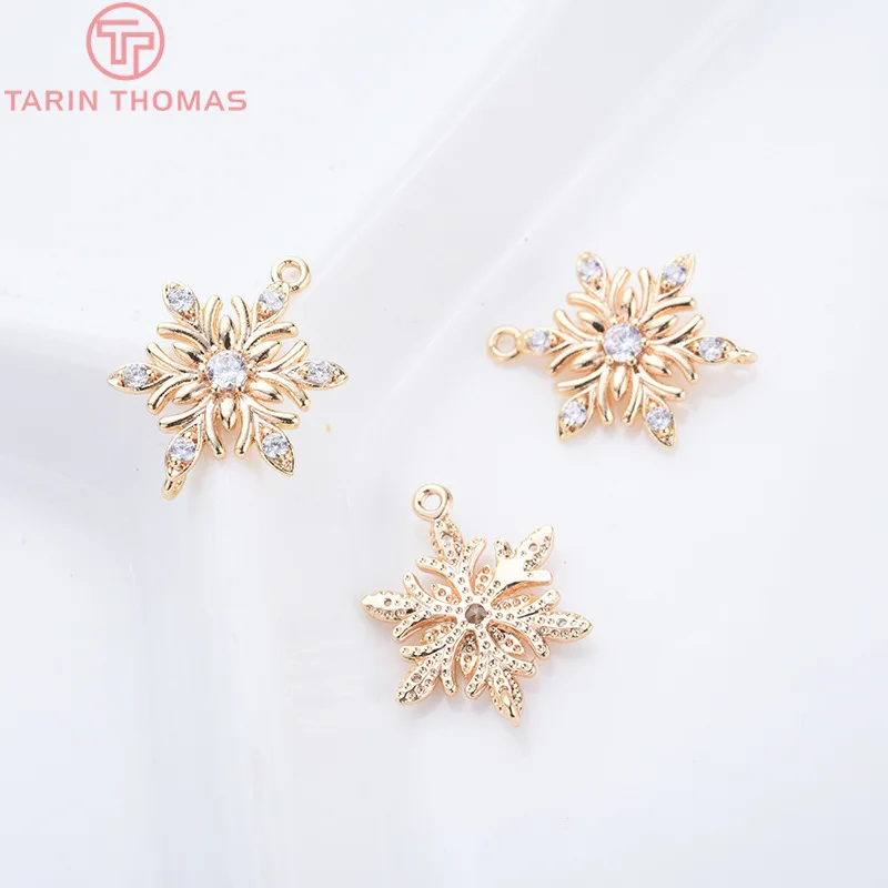 (1678)4PCS 13x18MM 24K Gold Color Brass with Zircon Flower Connector Charms High Quality DIY Jewelry Making Findings Accessories