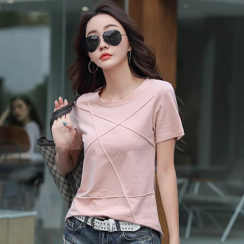 Women's Summer New Short Sleeve Tops O Neck Casual Basic Tees Femme Solid Bright Line Decoration Fashion Korean T Shirts Female
