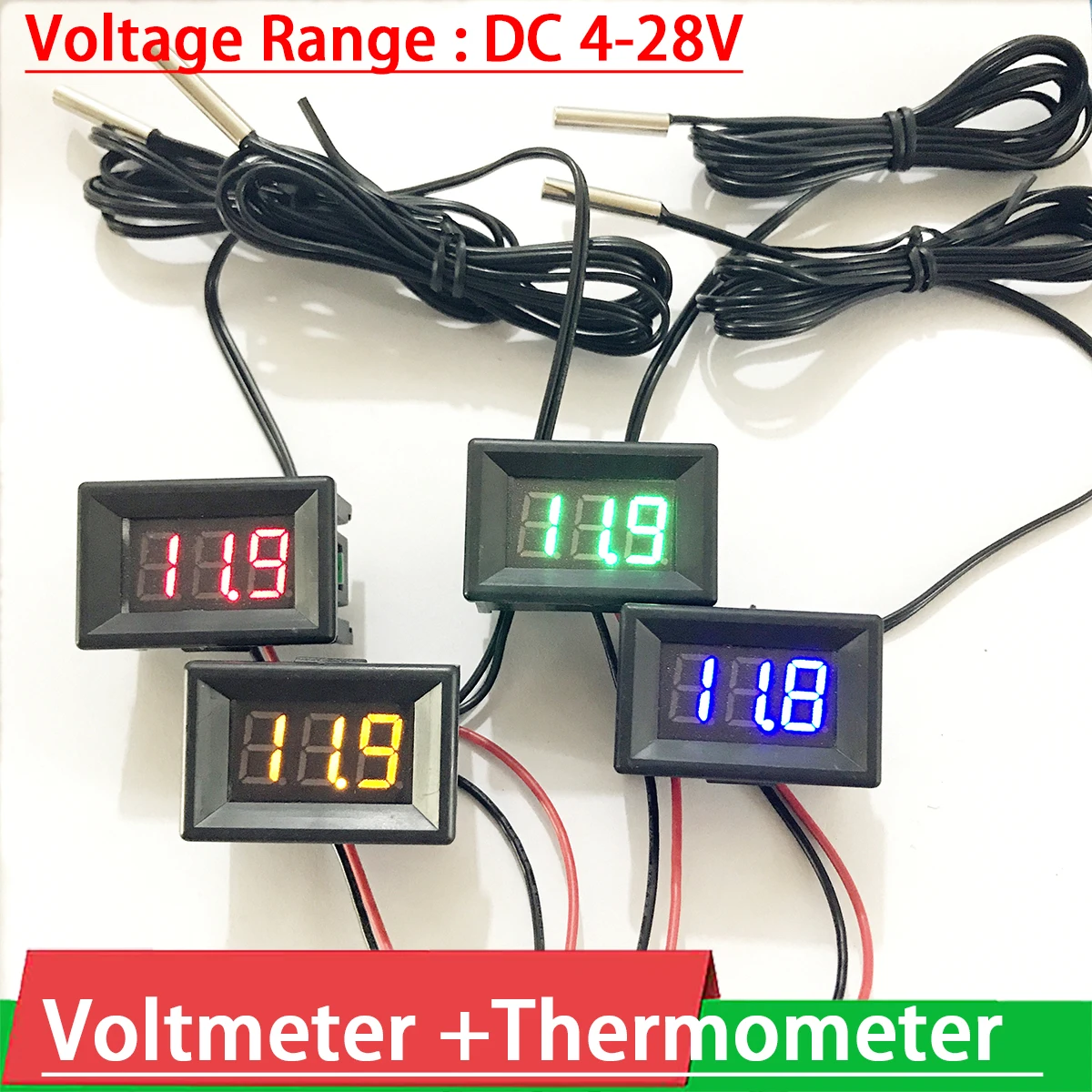 2IN1 Voltmeter + thermometer METER LED Digital display temperature meter voltage volt TEMP sensor for DC 12V 24v car Water  Air