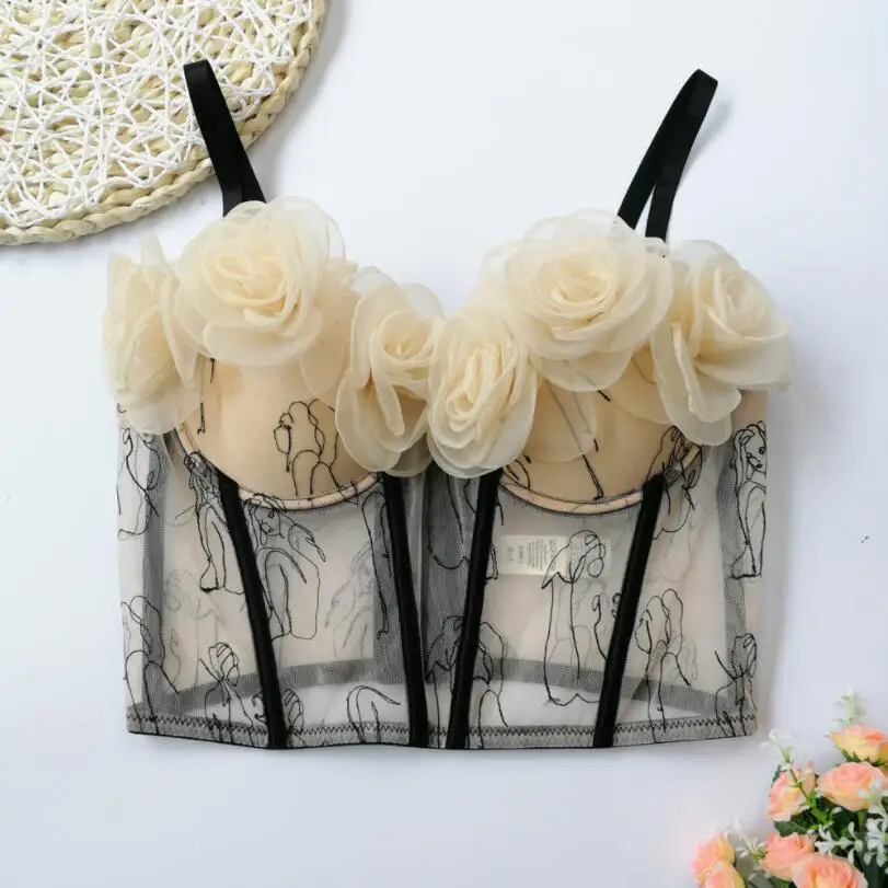 Fashion Tank Top Sweet Flowers Crop Mesh Three-Dimensional Flowers Corset Women Elegant Party Bustier Streetwear Bra p470