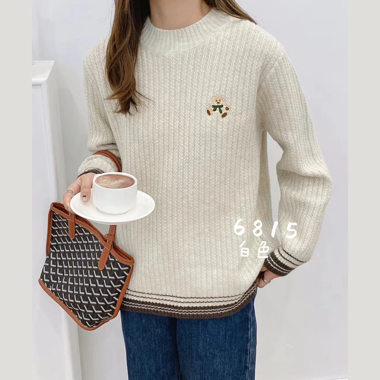 6815 Fall Winter Women Basic Sweater Pullovers Fashion Embroidery Small Bear Loose Warm Female Casual Versatile Knitted Tops New