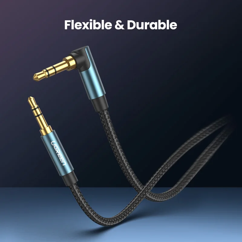 UGREEN Aux Cable Audio Hi-Fi Stereo Male to Male 90 Degree Right Angle 3.5mm Speaker Universal Braided Auxiliary Audio Cord