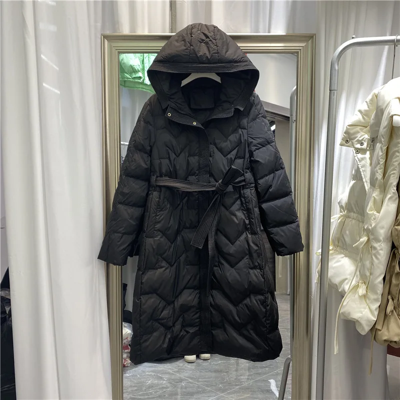 2021 New Winter Women's Thick White Duck Down Coat For Ladies Belted Solid Color Casual All Match Warm Hooded Long Jacket