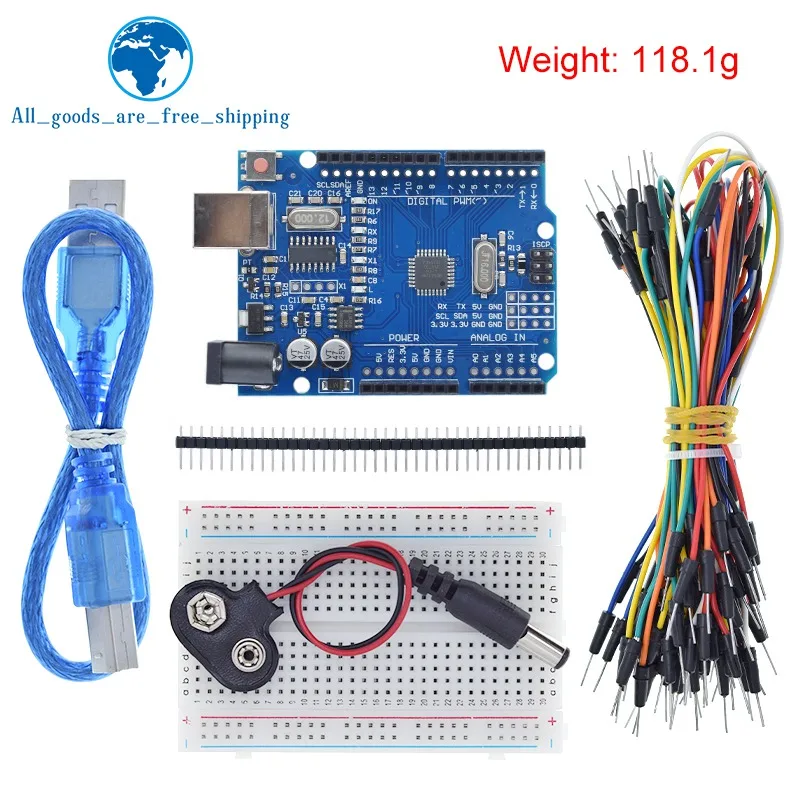 TZT Starter Kit for arduino Uno R3 - Bundle of 5 Items: Uno R3, Breadboard, Jumper Wires, USB Cable and 9V Battery Connector