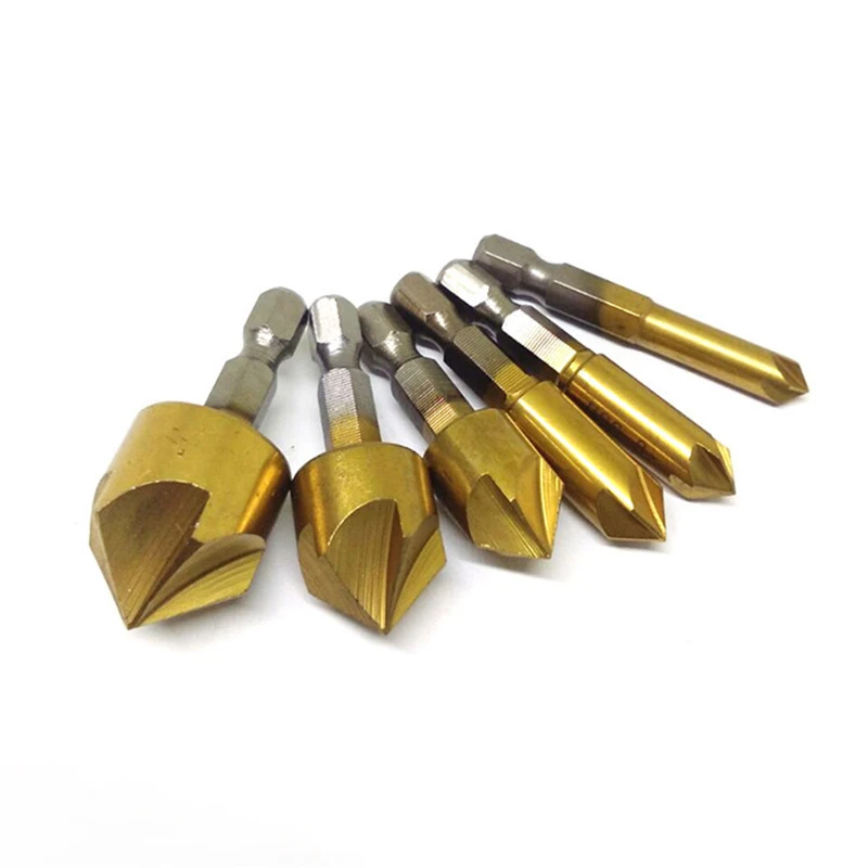 Conjunto de brocas de chanfro 6 peças hss, rebaixo, 1/4 "hex shank 90 ° cortador de madeira 6mm a 19mm