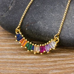 AIBEF Fashion Gold Plated Copper Long Chain CZ Pendant Necklace Micro Pave Rainbow Cubic Zircon Crystal Jewelry Women Girls Gift