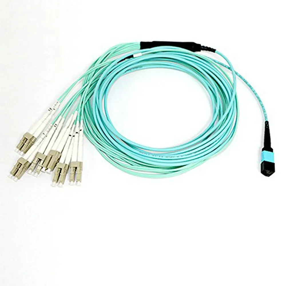 20เมตรหญิง MPO/MTP -LC OM4 12 Strands 12 Core LC Multi-Mode 10G optical สำหรับ QSFP + SR โมดูล AQUA 50/125um