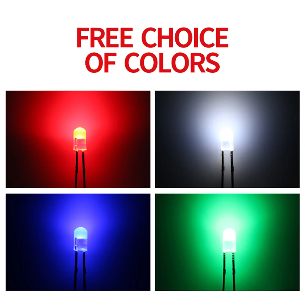 1000pcs 3mm Round No edge Short Legs Diffused Color White Red Blue Green Yellow Directly Inserted LED light-emitting diode