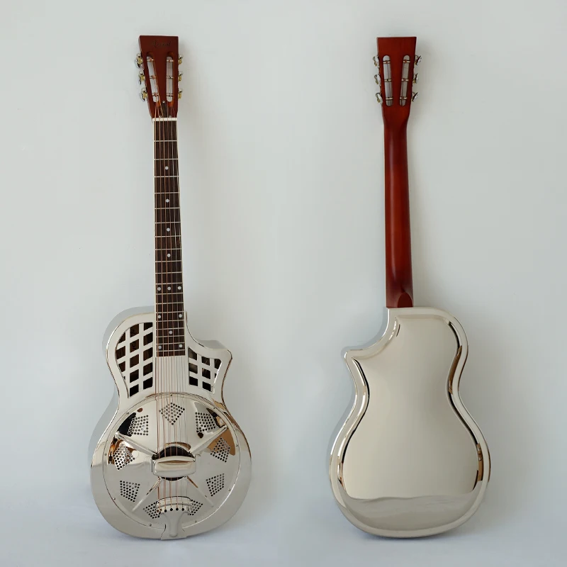 Aiersi-Cutway Parlour Resonator Guitar with Case, Gloss Chrome Metal Bell, Brass Body