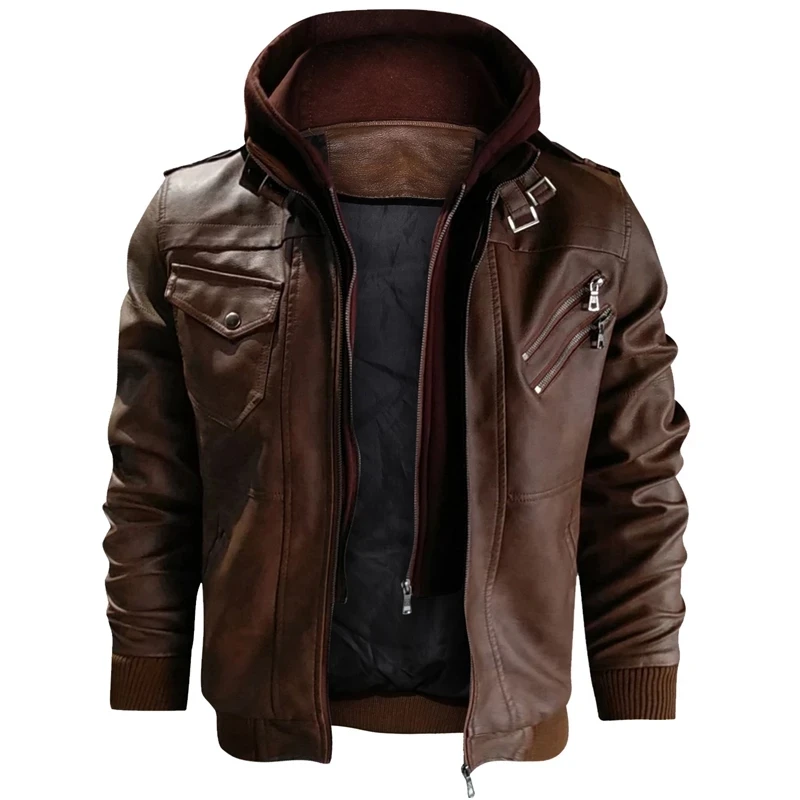 Men\'s Autumn Winter Motorcycle Leather Jacket Windbreaker Hooded  Jackets Male Outwear Warm Baseball Jackets Plus Size 3XL