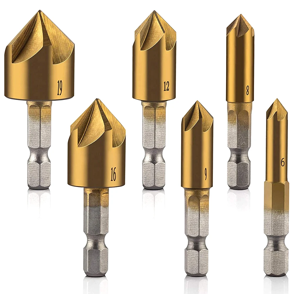 6pcs 6/8/9/12/16/19mm Hss Countersink Boring Drill Bit Set for Wood Metal Quick Change Drill Bit Tool Hex Chamfer Drill Tool Set