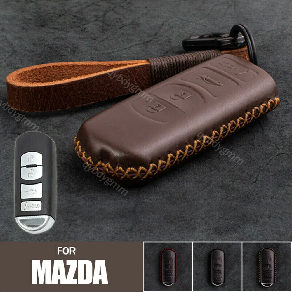 

For Mazda 3 6 CX-7 CX-9 MX-5 4 Button Leather Remote Start Smart Car Key Fob Skin Case Cover Protector Holder Auto Accessories