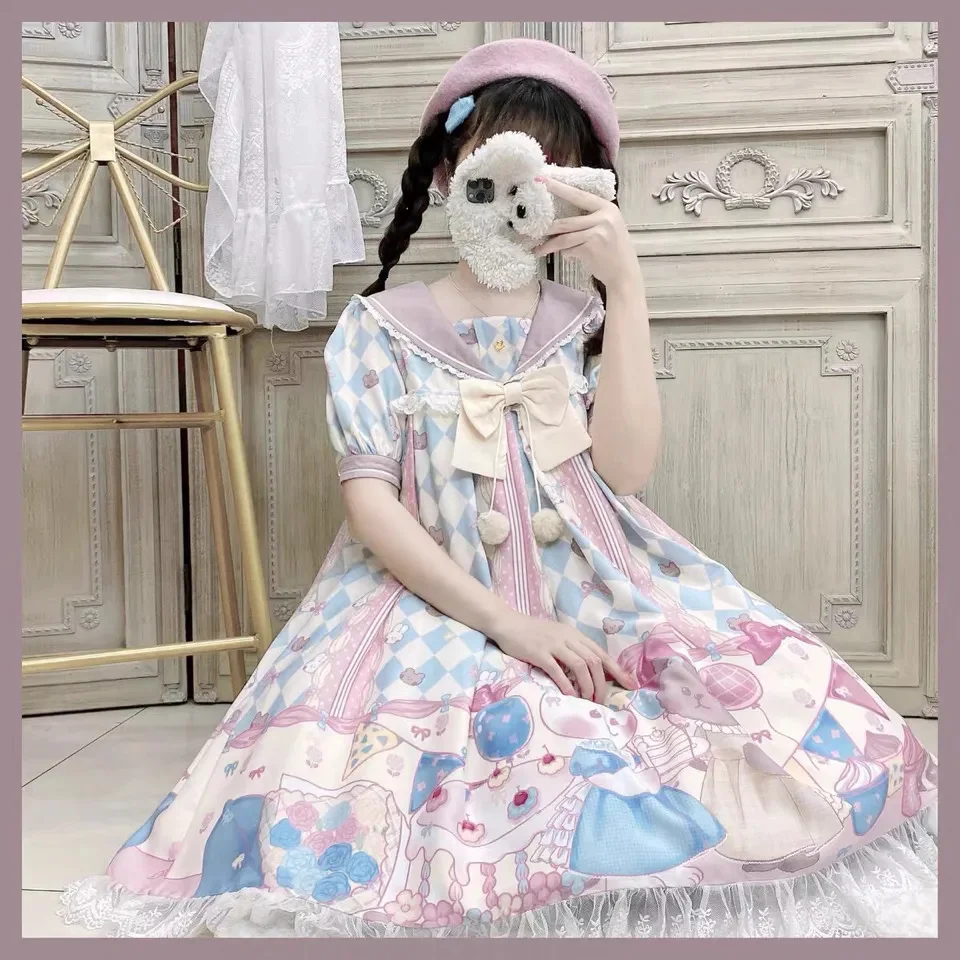 Lolita Girl śliczny królik świeża słodka sukienka na co dzień koronkowa kokarda wysokiej talii sukienka w stylu wiktoriańskim Kawaii dziewczyna Gothic Lolita Op Loli Cos