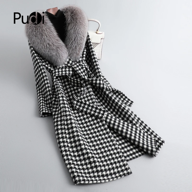 

PUDI Women Real Fox Fur Coat Jacket Girls Female INS Hot Winter Warm Plaid Fur Coats Park Trench CT083