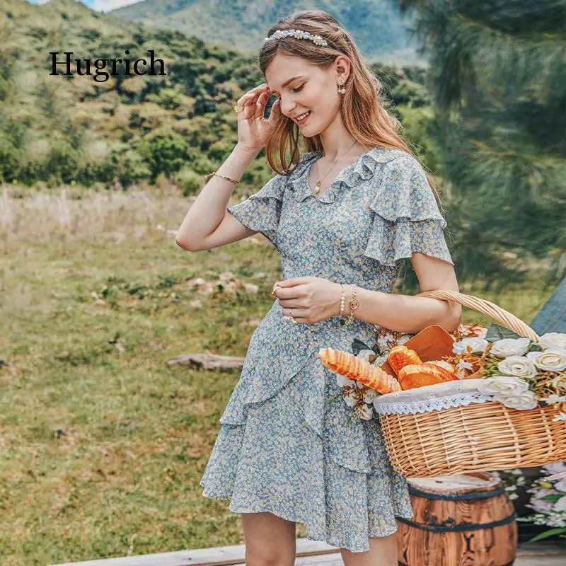 2021 Summer Garden Flower Print Women's Dress with Lotus Collar and High Waist Grils Caucal Wear