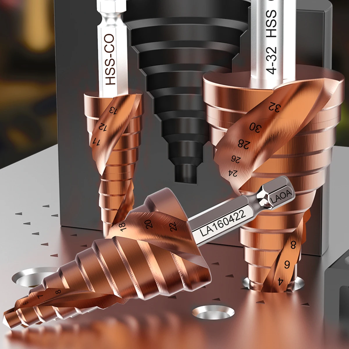 LAOA Pagoda Bit Conical Metal Multifunctional Stainless Steel Step Drill 3-13mm 4-22mm 4-32mm hss-co M35 Drilling Tool Set