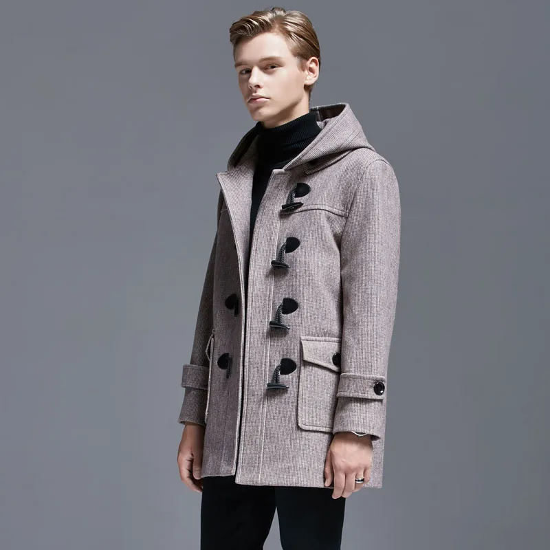 Winter New Style Fashion Loose Hooded Wool Coat Men Short Handsome Men's Horn Button Overcoat Plus size 6XL