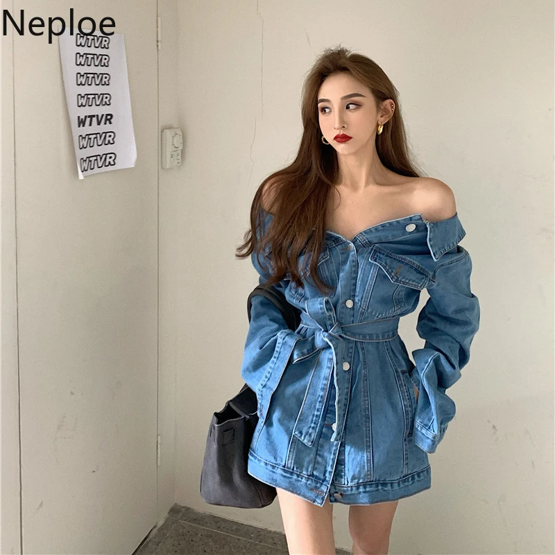 Neploe Jackets For Women Sexy Off Shoulder Slim Waist Denim Jacket 2023 Korean Fashion Casual Tops Vintage Casual Coat Woman