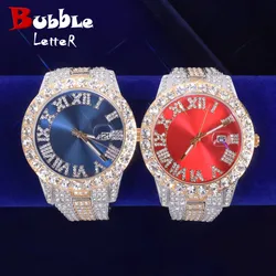 Bubble Letter Red Watch for Men Big Gold Military Quartz Rhinestone Relogio Masculino Hip Hop Jewelry