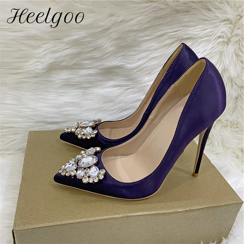 

Heelgoo Glitter Crystal Decor Women Silk Satin Pointy Toe High Heel Wedding Party Shoes Elegant Stiletto Pumps Big Size 43 44 45