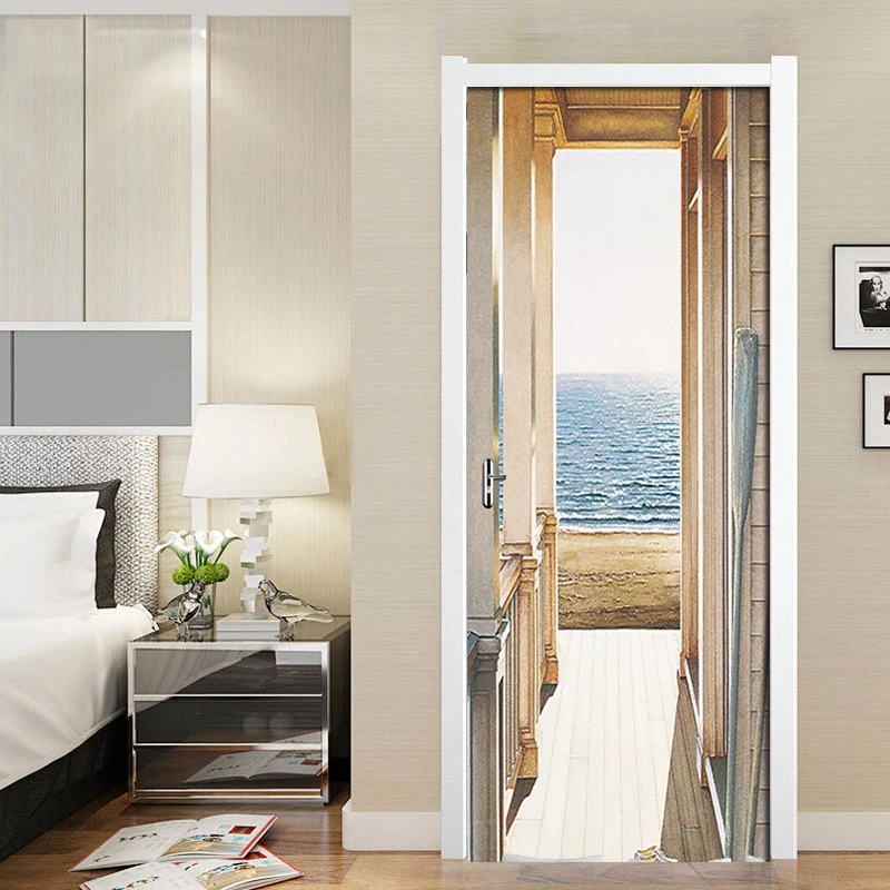 Open Door To The Sea Art Picture 3D Wall Murals PVC Self-Adhesive Wall Stickers Door Sticker Wallpaper Decals Home Decor Poster