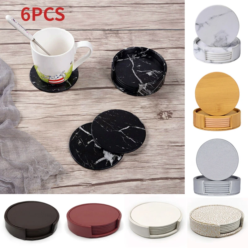 

6PCS PU Leather Marble Coaster Drink Coffee Cup Mat Easy to Clean Placemats Round Tea Pad Table Holder Kitchen Coasters