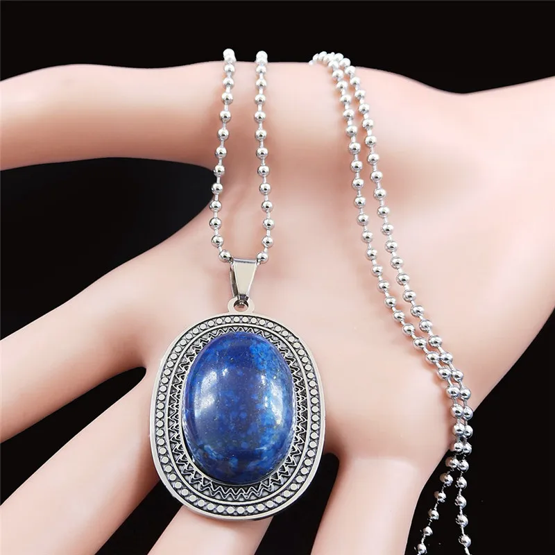 Stainless Steel Natural Stone Lapis Lazuli Big Long Bohemia Charm Necklaces for Women/Men Silver Color Jewelry bijoux N2737S04