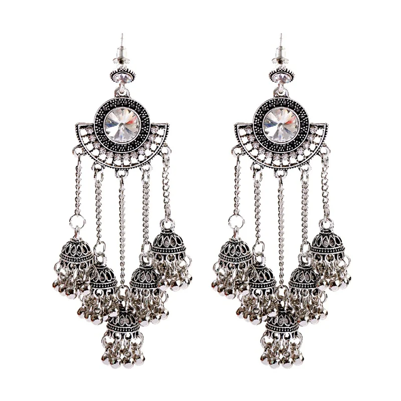 Women\'s Retro Big Gold Color Jhumka Earrings Indian Jewelry Classic White Beads Long Chain Tassel Dangle Earrings Hangers